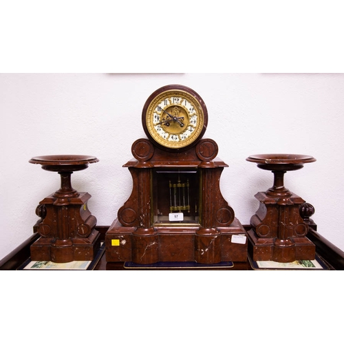 57 - ATTRACTIVE MARBLE CLOCK WITH GARNITURE WITH MAYER AND LEVY OF PARIS WITH VISIBLE ESCAPEMENT + MERCUR... 