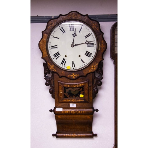 61 - 2 AMERICAN WALL CLOCKS - 1 WALNUT INLAY, 1 ROSEWOOD WITH PEWTER INLAY