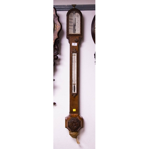 63 - DIXIE OAK STICK BAROMETER C1860 WITH ALCOHOL THERMOMETER