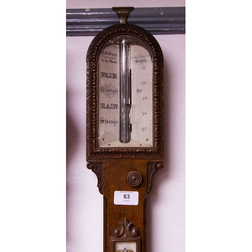 63 - DIXIE OAK STICK BAROMETER C1860 WITH ALCOHOL THERMOMETER