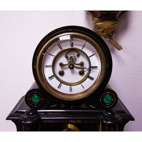 64 - FRENCH SLATE MANTLE CLOCK WITH MALACHITE PANELS VISIBLE ESCAPEMENT WITH ELICOT PENDULUM