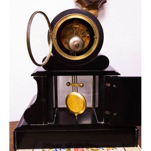 64 - FRENCH SLATE MANTLE CLOCK WITH MALACHITE PANELS VISIBLE ESCAPEMENT WITH ELICOT PENDULUM