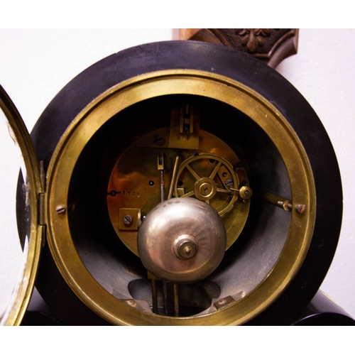 64 - FRENCH SLATE MANTLE CLOCK WITH MALACHITE PANELS VISIBLE ESCAPEMENT WITH ELICOT PENDULUM