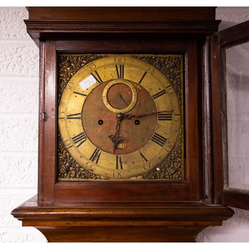 74 - MAHOGANY CASE GRANDFATHER CLOCK WITH 8 DAY BRASS STYLE FACE WITH WEIGHTS, NO PENDULUM - UNSIGNED