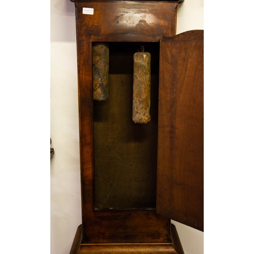 92 - DUBLIN MAHOGANY ARCH STYLE GRANDFATHER CLOCK CIRCA 1830 WITH WEIGHTS + PENDULUM + MOON DIAL