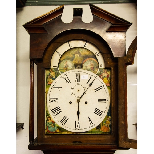 92 - DUBLIN MAHOGANY ARCH STYLE GRANDFATHER CLOCK CIRCA 1830 WITH WEIGHTS + PENDULUM + MOON DIAL