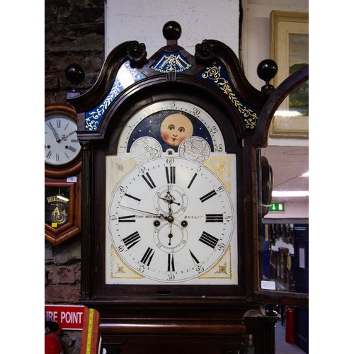 286 - 8 DAY MAHOGANY LONG CASE CLOCK BY THOMAS WALKER, DUBLIN WITH MOON DIAL + VERRE EGLOMIST PANELS TO TH... 