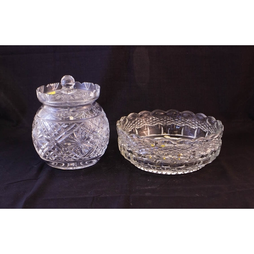 14 - WATERFORD CRYSTAL BISCUIT BARREL + CUT GLASS BOWL