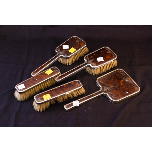 22 - 5 PIECE ART DECO SILVER + TORTOISE SHELL BRUSH SET BIRMINGHAM 1934 + ANTIQUE LADIES JEWELLERY BOX + ... 