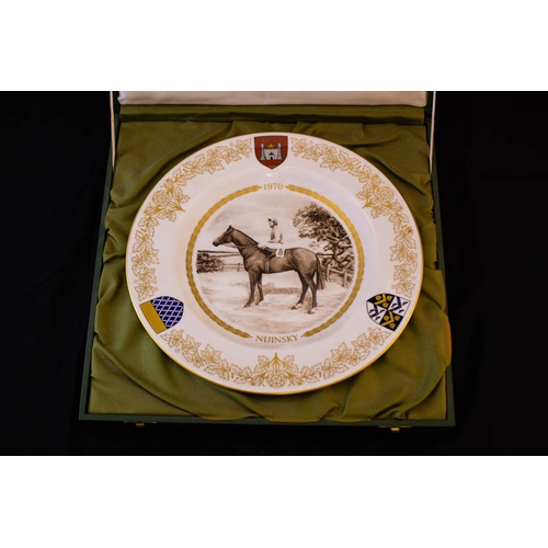 25 - SET OF 3 SPODE RACING COMMEMORATIVE PLATES. NIJINSKY, BOUCHER + ATHENS WOOD