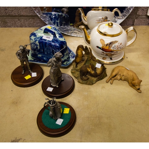 265 - CHEESE DISH, 3 GOLF FIGURES, 2 ANIMAL FIGURES + TEA POT AF