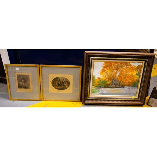 269 - 5 ANTIQUE PRINTS + OIL ON CANVAS , AUTUM SCENE