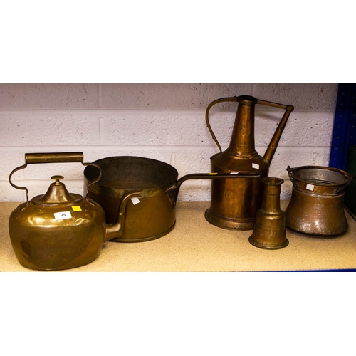 49 - 3 COPPER VESSELS, LARGE COPPER SAUCE PAN + COPPER KETTLE