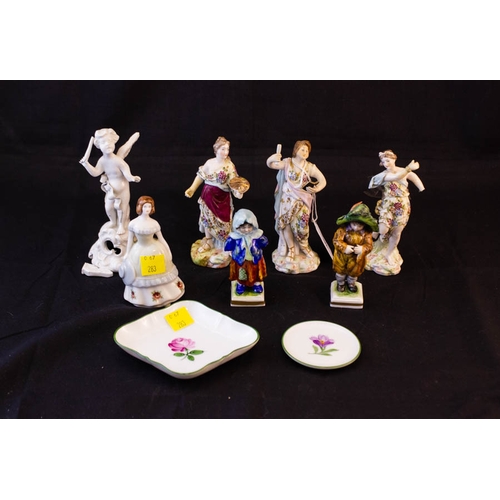 52 - MEISSEN FIGURE, DRESDEN FIGURE + 2 DISHES