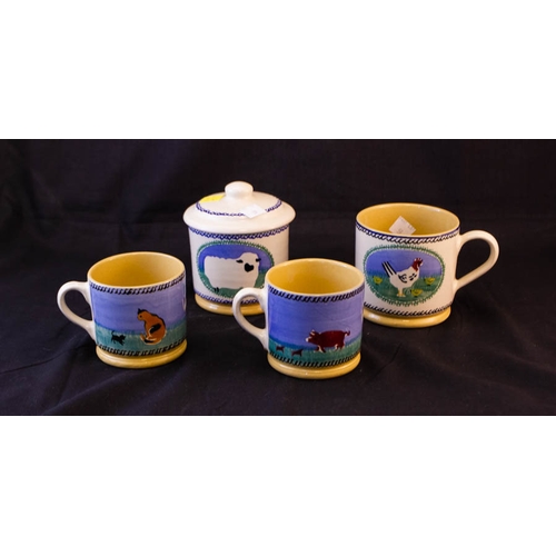 59 - NICHOLAS MOSSE ANIMAL PLATTER, 3 ANIMAL PLATES, 2 FLORAL PLATES, JAM POT, TEA COSY + 2 + 1 MUGS