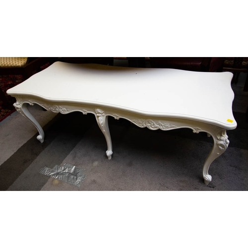 151 - FRENCH STYLE CABRIOLE LEG COFFEE TABLE 123L X 49D X 45H CM + PAINTED CLAW LEG CARVED FRONT SIDE TABL... 