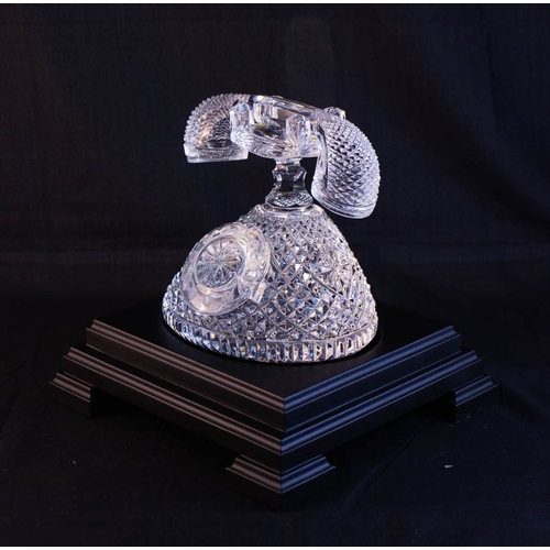 285 - SUPER MASTERCUTTER WATERFORD CRYSTAL TELEPHONE ON MAHOGANY STAND. 15CM HIGH 16CM WIDE + STAND 7CM HI... 