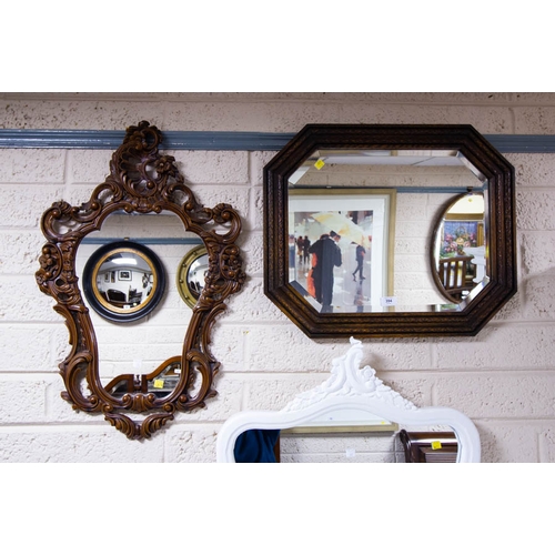 394 - OAK FRAMED OVAL BEVELLED MIRROR 75H X 50W CM, OAK FRAMED BEVELLED MIRROR 62 X 52CM + ORNATE MODERN M... 