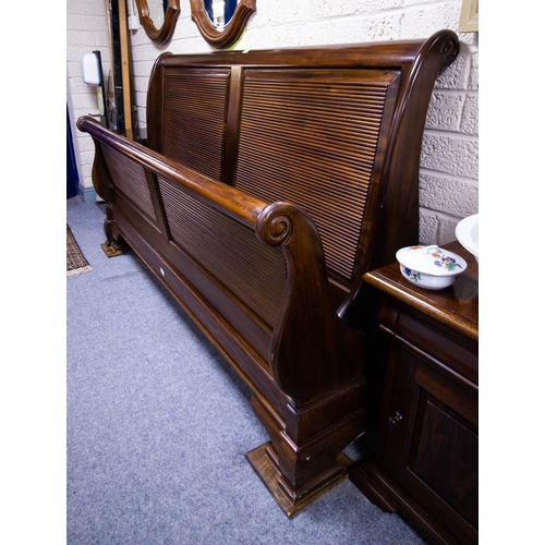 412 - 6FT MAHOGANY SCROLL END BED + SIDES + PAIR OF MATCHING LOCKERS