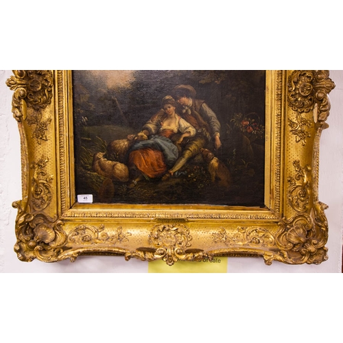 45 - ANTIQUE OIL ON CANVAS IN ORNATE GILT FRAME 76 X 86H (FRAME) CM. LABELLED FRANCOIS BOUCHER