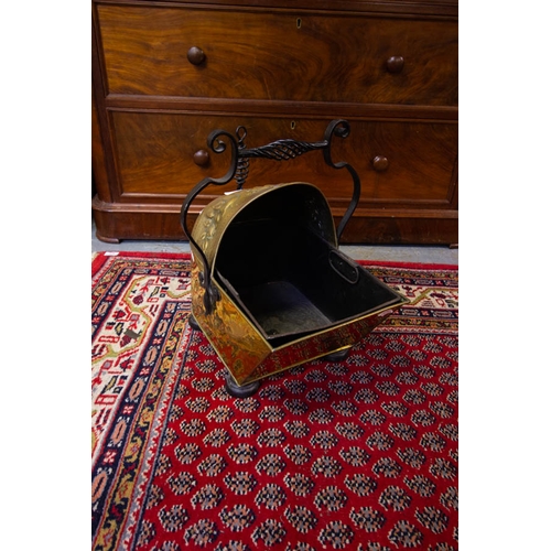 456 - ANTIQUE BRASS AND METAL COAL SKUTTLE & SHOVEL . 50  W X 45CM HIGH