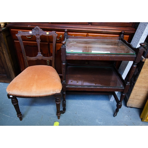 489 - MAHOGANY 2 TIER TROLLEY WITH GLASS TOPS 60 X 40 X 82H CM + EDWARDIAN OCCASIONAL CHAIR