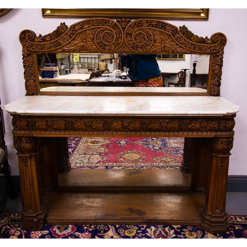 70 - ANTIQUE CARVED OAK TABLE WITH MIRROR BACK AND MARBLE TOP - POSSIBLY PUGIN - EX JOHNSTOWN CASTLE- 134... 