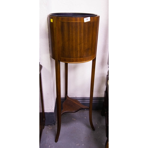 74 - INLAID MAHOGANY CYLINDER PLANTSTAND WITH LINER. 96CM H X 32CM