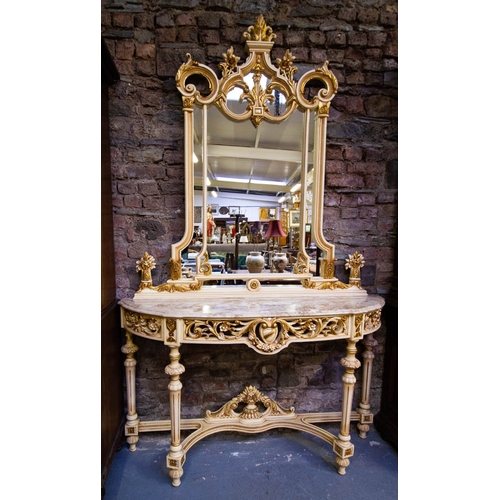 82 - CREAM + GILT MARBLE TOP CONSOLE TABLE WITH MATCHING MIRROR BACK 154L X 54D X 245