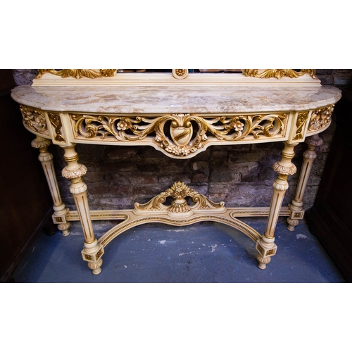 82 - CREAM + GILT MARBLE TOP CONSOLE TABLE WITH MATCHING MIRROR BACK 154L X 54D X 245