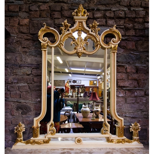 82 - CREAM + GILT MARBLE TOP CONSOLE TABLE WITH MATCHING MIRROR BACK 154L X 54D X 245