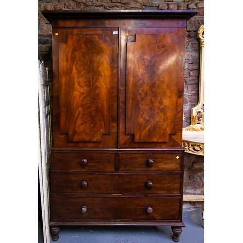 84 - QUALITY FITTED ANTIQUE MAHOGANY LINEN PRESS . 131CM X 58CM X 210CM