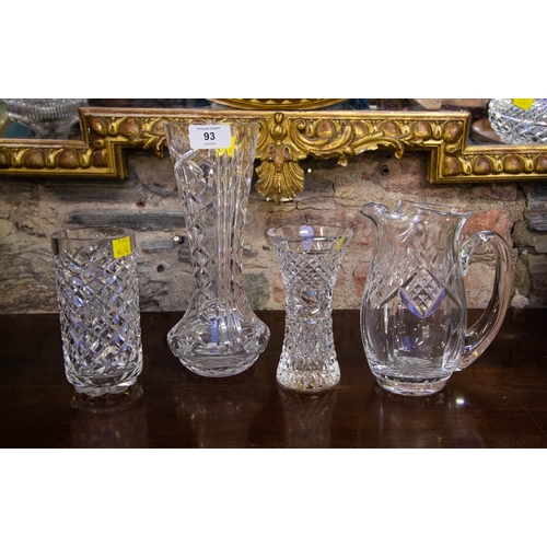 93 - 4 PIECES OF WATERFORD CRYSTAL TO INCLUDE JUG , 2 VASES ETC.