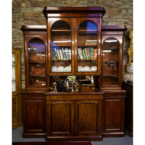 96 - VICTORIAN BREAKFRONT MAHOGANY BOOKCASE 230W X 60D X 265H CM