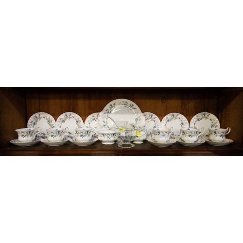 98 - 21 PIECE ROYAL ALBERT BRIGADOON TEA SET ( CHIP IN ONE CUP), GLASS SAUCEBOAT + GLASS + BOOKS