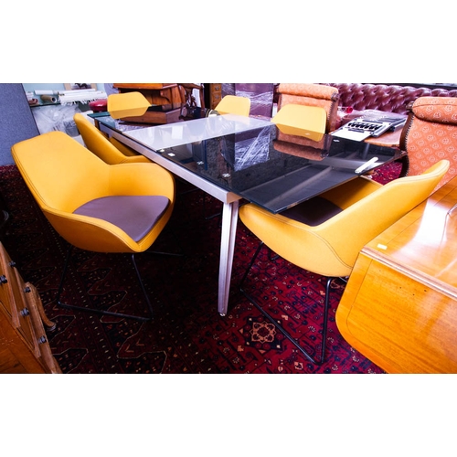 QUALITY MODERN TEMPERED GLASS BOARDROOM/DINING TABLE + 6 MUSTARD TUB CHAIRS
