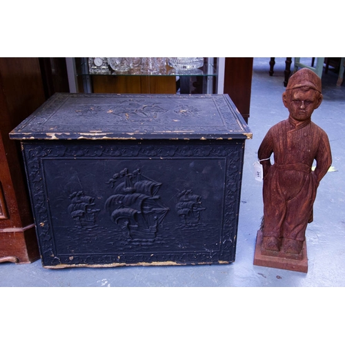 241 - CAST IRON RUSTY FIGURE OF BOY FIRE TIDY 50H CM + BLACK COAL BOX