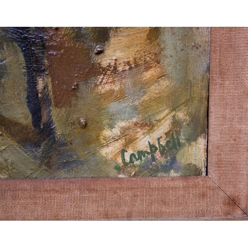 242 - OIL ON CANVAS LOADING THE PEAT WAGON SIGNED CAMPBELL 70 X 50H CM