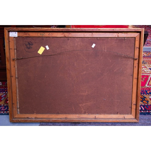 242 - OIL ON CANVAS LOADING THE PEAT WAGON SIGNED CAMPBELL 70 X 50H CM