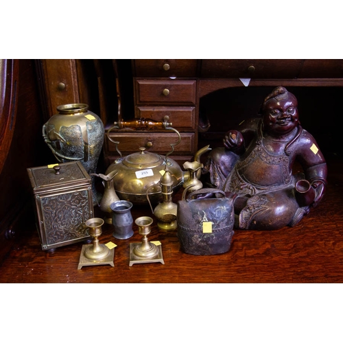 255 - ORNATE BRASS VASE, BRASS TEA CADDY, BRASS KETTLE ETC. + CARVED BUDDHA