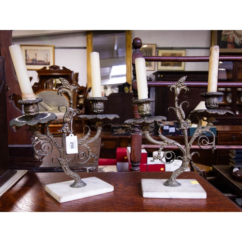 256 - PAIR OF ORNATE BRASS 2 BRANCH CANDLE HOLDERS ON MARBLE BASES. 28 CM HIGH