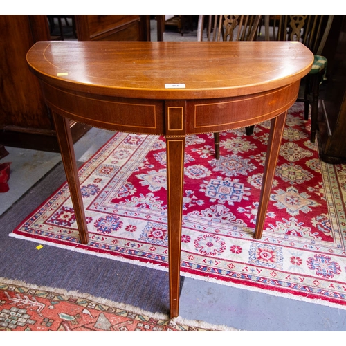 258 - MAHOGANY INLAID HALF MOON TABLE 76 X 42 X 75 CM HIGH