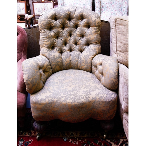 263 - ANTIQUE MAHOGANY BUTTON BACK CHAIR - STEEL FRAME