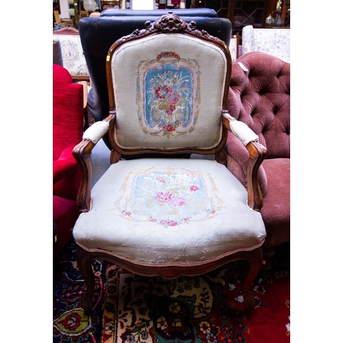 265 - ANTIQUE FRENCH STYLE ELBOW CHAIR WITH TAPESTRY SEAT