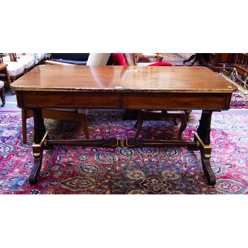 268 - QUALITY WILLIAM IV 2 DRAWER LIBRARY TABLE ON STRETCHER BASE WITH PARCEL GILT MOUNTS AND EBONY DETAIL... 