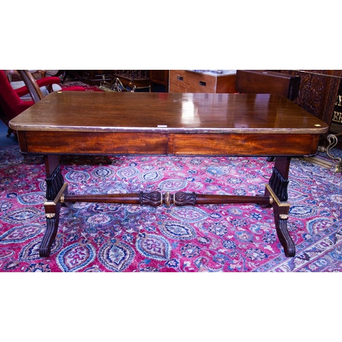 268 - QUALITY WILLIAM IV 2 DRAWER LIBRARY TABLE ON STRETCHER BASE WITH PARCEL GILT MOUNTS AND EBONY DETAIL... 