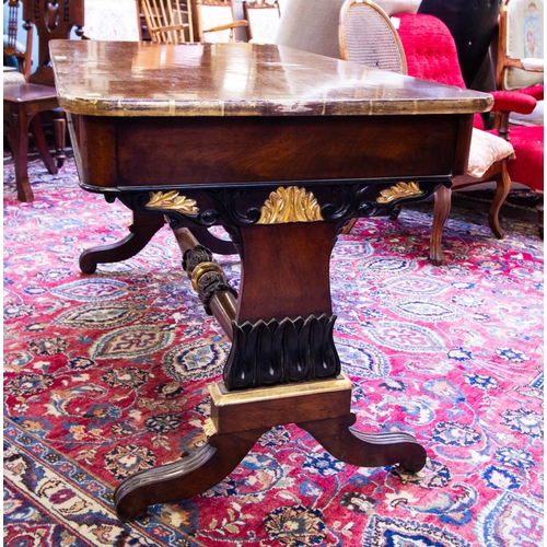 268 - QUALITY WILLIAM IV 2 DRAWER LIBRARY TABLE ON STRETCHER BASE WITH PARCEL GILT MOUNTS AND EBONY DETAIL... 
