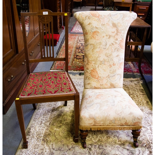 277 - UPHOLSTERED NURSING CHAIR WW + INLAID MAHOGANY BEDROOM CHAIR