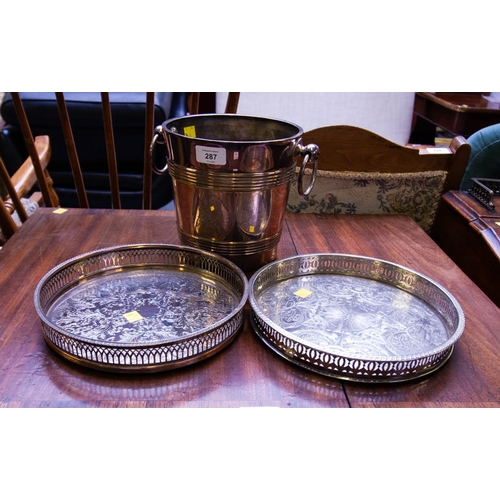 287 - SILVER PLATED ICE BUCKET + 2 ROUND TRAYS