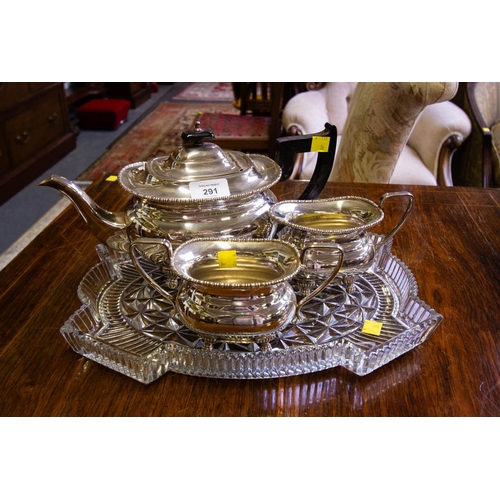 291 - SILVER PLATED TEA SET + GLASS TRAY